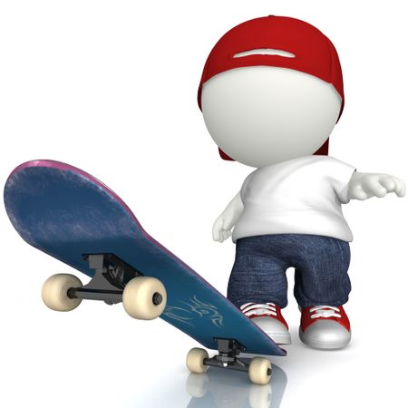 3D Skater boy with board- isolated over a white background