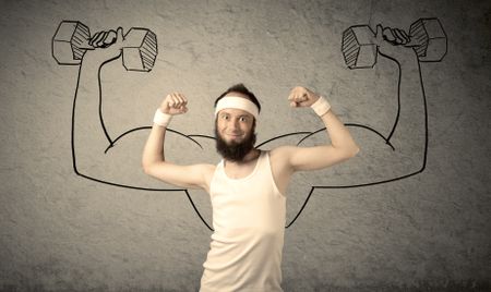 A young college student with beard and glasses posing in front of grey background, thinking about lifting weight with big muscles, illustrated by white drawing concept.