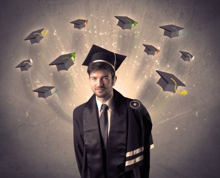 College graduate with many flying hats on grunge background