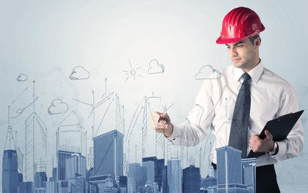 A young architect planning and drawing a happy city sight with blue skyscrapers, sun, clouds