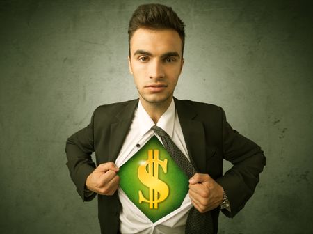 Businessman tearing off his shirt with dollar sign on chest concept on background