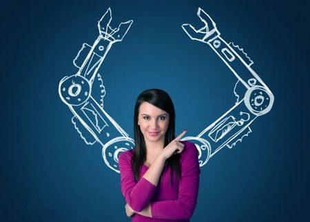 Pretty young woman with robotic arms concept