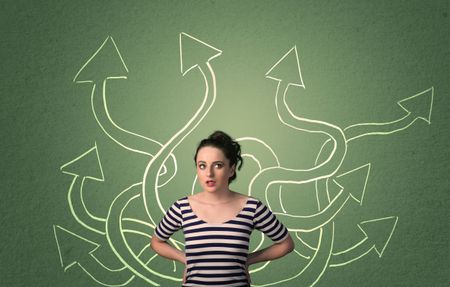 Young student with thoughtful expression with tangled arrows coming out of her back