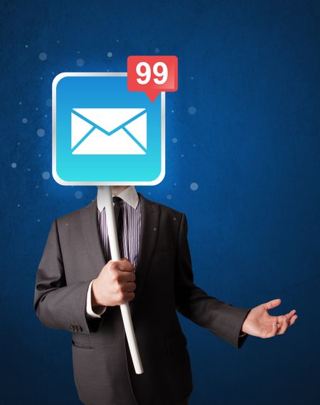 Smart businessman holding square sign with mail icon