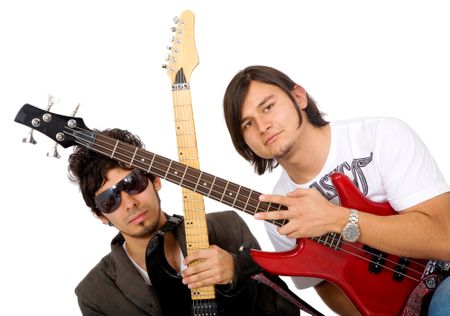 electric guitarists in a band isolated over a white background