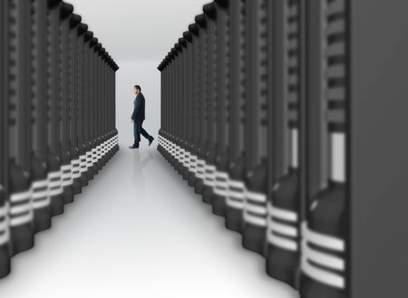 business man walking by a server room