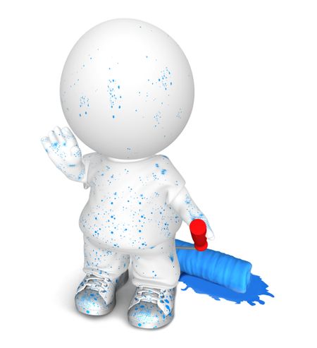 3D painter with splashes of blue paint - isolated over white