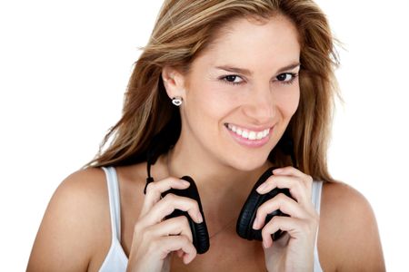 Woman portrait with headphones - isolated over a white background