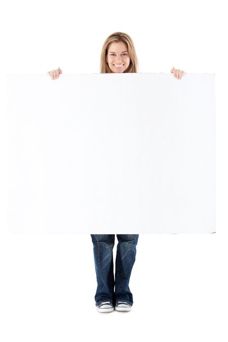 Woman holding banner ad - isolated over a white background