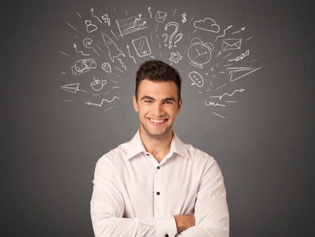 Young casual businessman with white social icons around his head