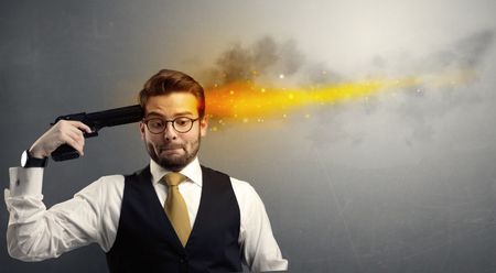 Man shoots his head with gun and lights are coming out from his head