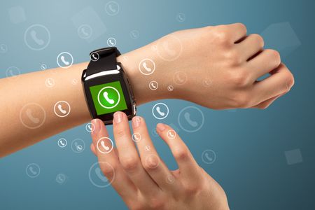 Female handwearing a ringing smartwatch with call icons around