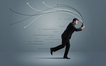 Running businessman with device and hand drawn lines concept on background