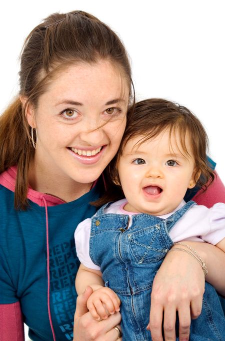 mother and daughter portrait isolated over a white background