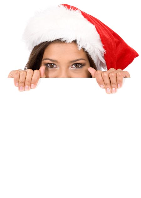 female santa over a banner add or billboard isolated over a white background