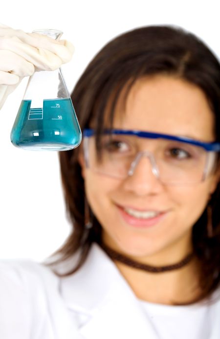 female chemistry student smiling and holding a test tube isolated over a white background