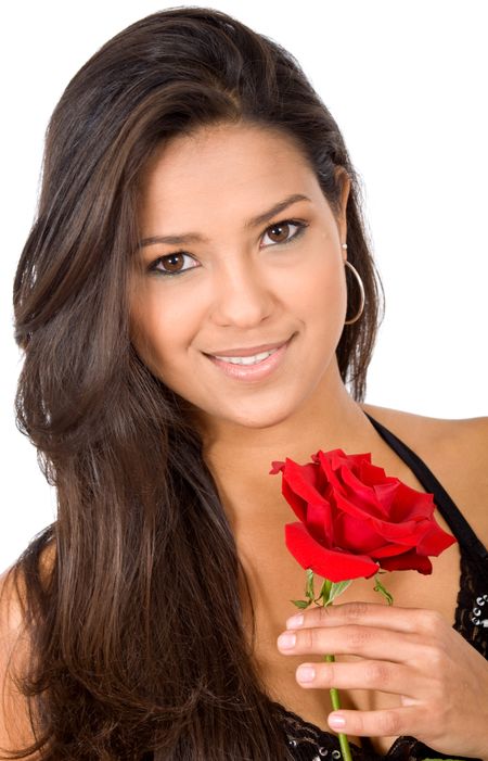 beautiful girl in love holding a red rose isolated over a white background