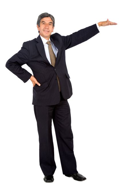 business man displaying something isolated over a white background