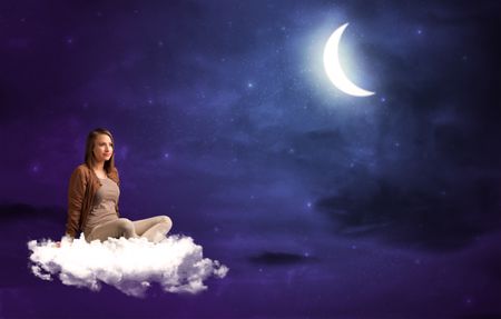 Caucasian woman sitting and wondering on a white cloud, under the moonshine