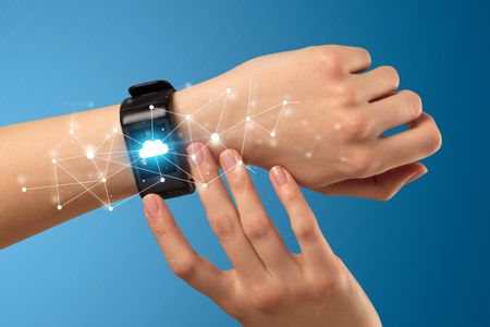 Naked female hand with smartwatch and with cloud technology and connection  symbol