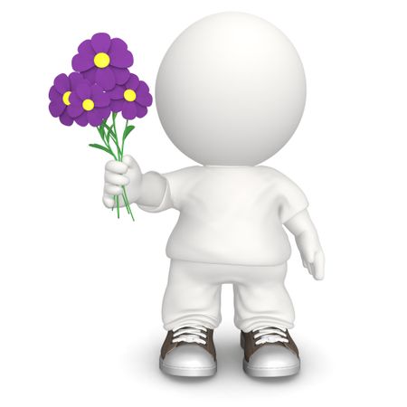 3D man giving a flowers - isolated over a white background