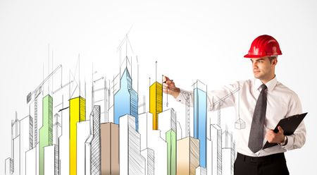 A young construction site worker in a red safety helmet happily sketching a colorful city sight, drawing lines, arrows, angles, cranes buildings with a pen in his hand