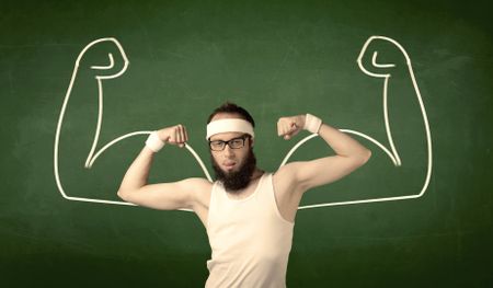 A young man with beard and glasses posing in front of green background, imagining how he would look like with big muscles, illustrated by minimalist white drawing concept.