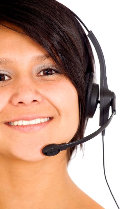 customer services or support woman wearing a headset smiling over a white background