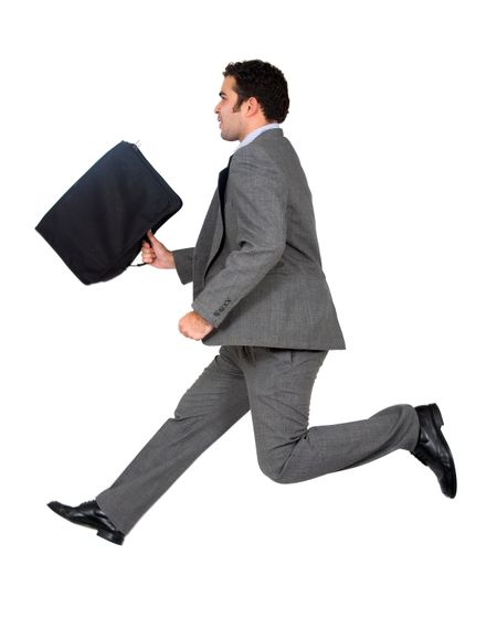 business man jumping with a briefcase isolated over a white background