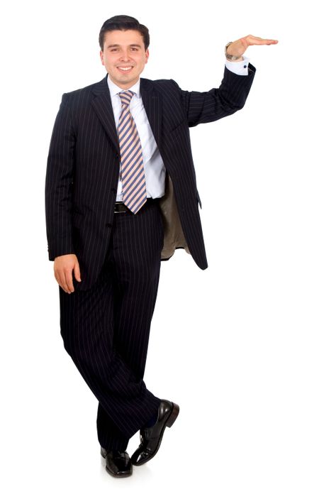 business man leaning on something he is displaying isolated over a white background