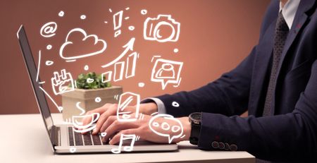 An elegant businessman sitting at desk and pushing the buttons of his laptop keyboard while working on everyday office tasksillustration concept