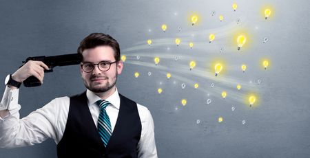 Man shoots his head with gun and idea bulbs are coming out from his head