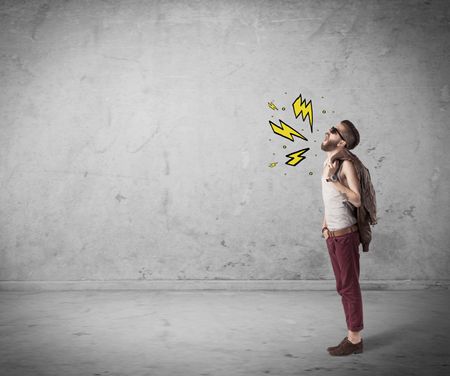 An angry hipster guy in casual clothes shouting heavily with drawn thunder sign illustration concept