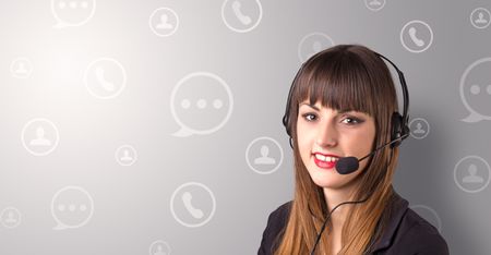 Young female telemarketer with white speech bubbles around her