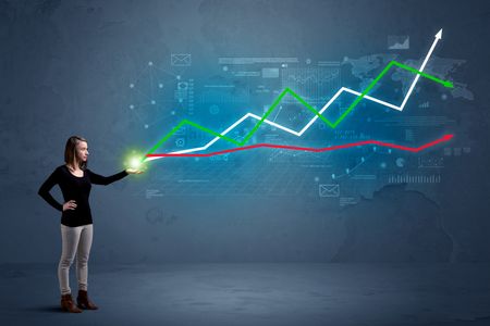 Caucasian woman holding a stock-market, business, finance composition