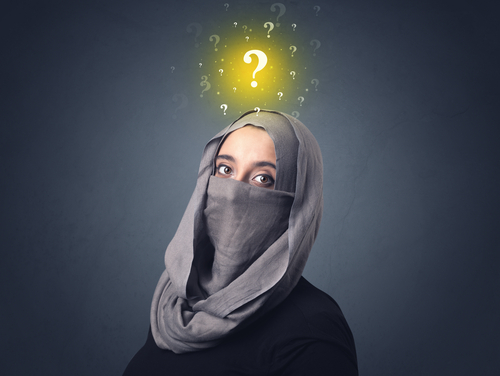 Young muslim woman wearing niqab with yellow question marks above her head