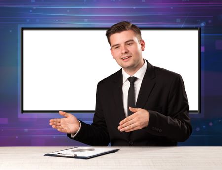 Television program host with big copy screen in his back concept
