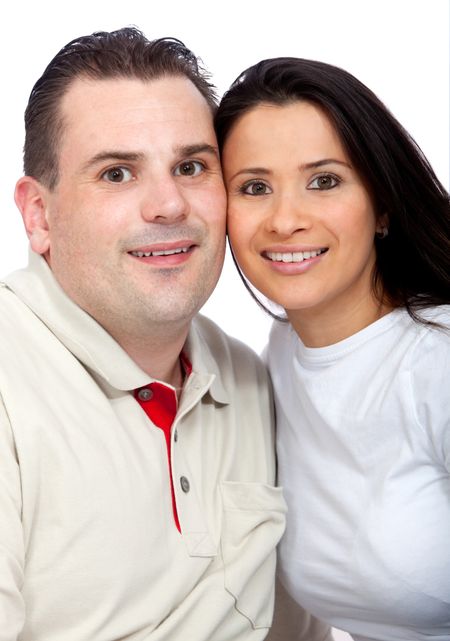 Happy couple smiling - isolated over a white background