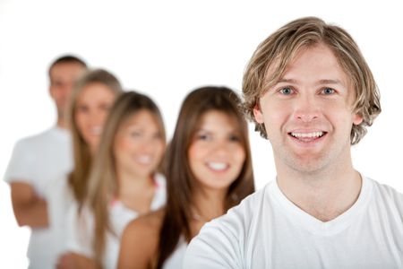 Handsome man leading a group - isolated over a white background