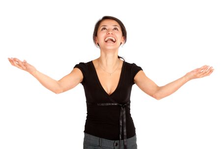 Successful business woman with arms open - isolated