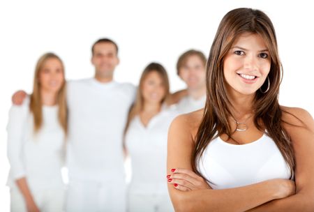 Beautiful woman leading a group - isolated over a white background