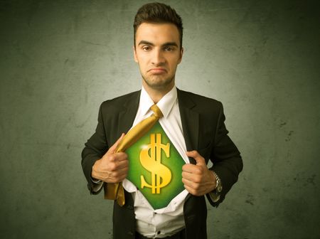Businessman tearing off his shirt with dollar sign on chest concept on background