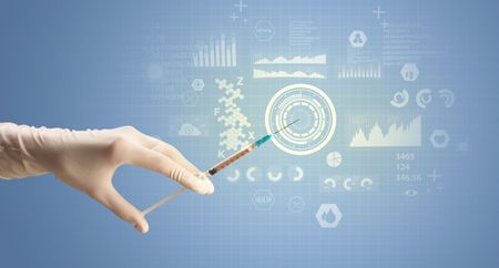 Female doctor hand holding syringe with research data graphic