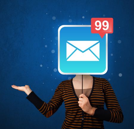 Casual young woman holding square sign with mail icon