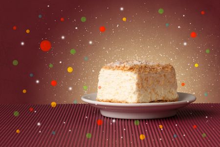 Close up of sweet tasty cakes with colorful background and bokeh light