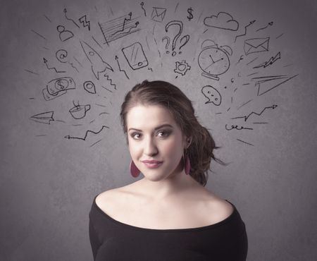 dark-brown-haired-pretty-teenage-girl-648440596 A dark brown haired pretty teenage girl with thoughts in her head illustrated by question mark, rocket, money, coffee, clock, email, social life icons drawn on the background wall concept.