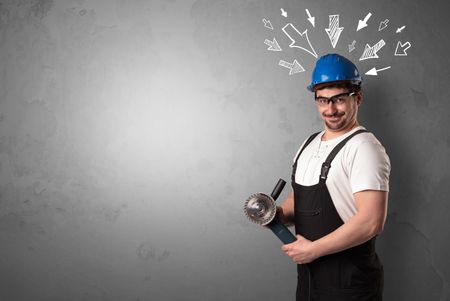 Working man with tools in his hand and arrows above his head.