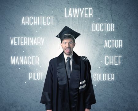 Graduete person looking for professions written above his head