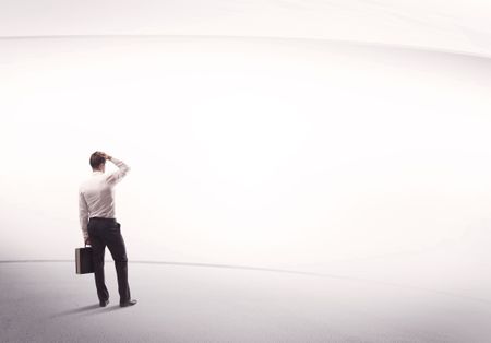 Young sales business male in elegant suit standing with his back in empty white space background with lines concept