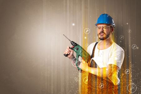 Manual worker with wrench symbols and tool.